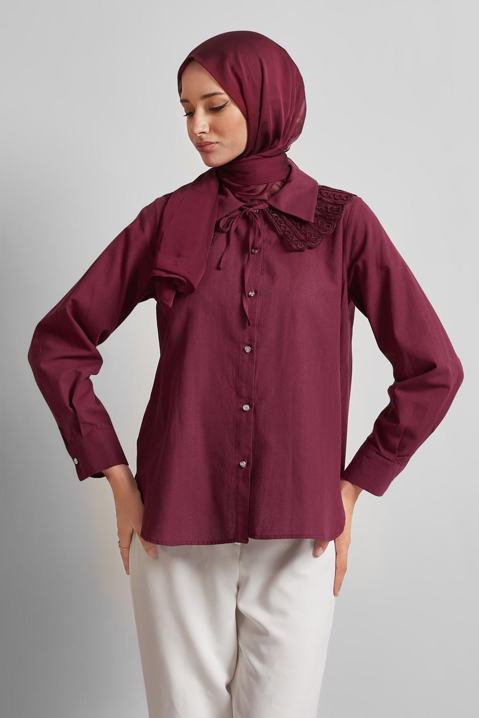 Tesettür giyim BORDO PAMUKLU GÖMLEK TUNİK T 4122