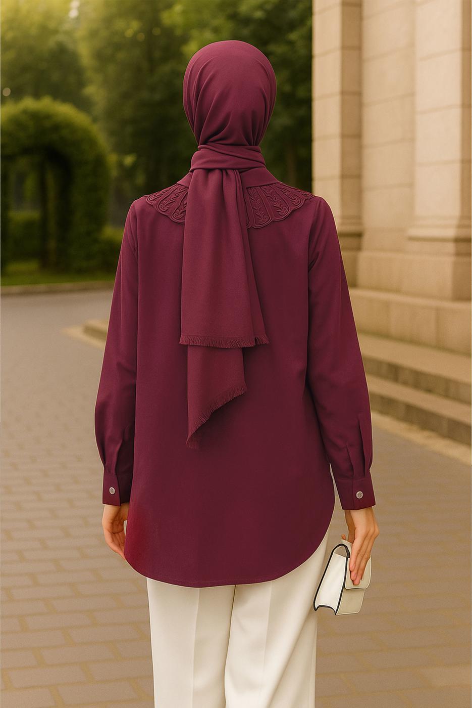 Tesettür giyim BORDO PAMUKLU GÖMLEK TUNİK T 4122