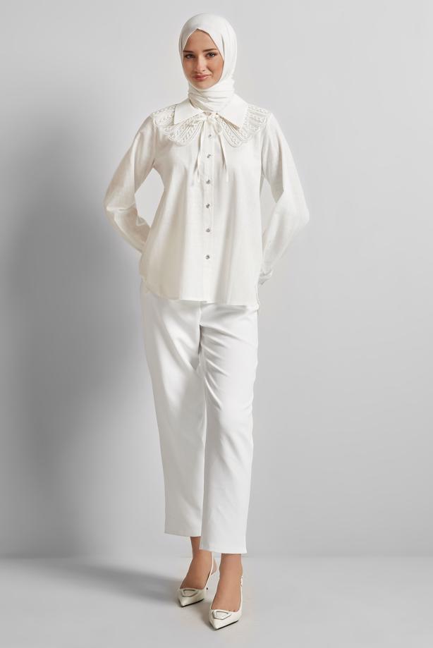 Vêtements hijab ÉCRU TUNIQUE CHEMISE EN COTON T 4122 - TRENDTESETTÜR