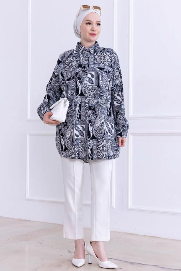 Vêtements hijab NOIR TUNIQUE CHEMISE À MOTIFS EN COTON T 4828 - TRENDTESETTÜR