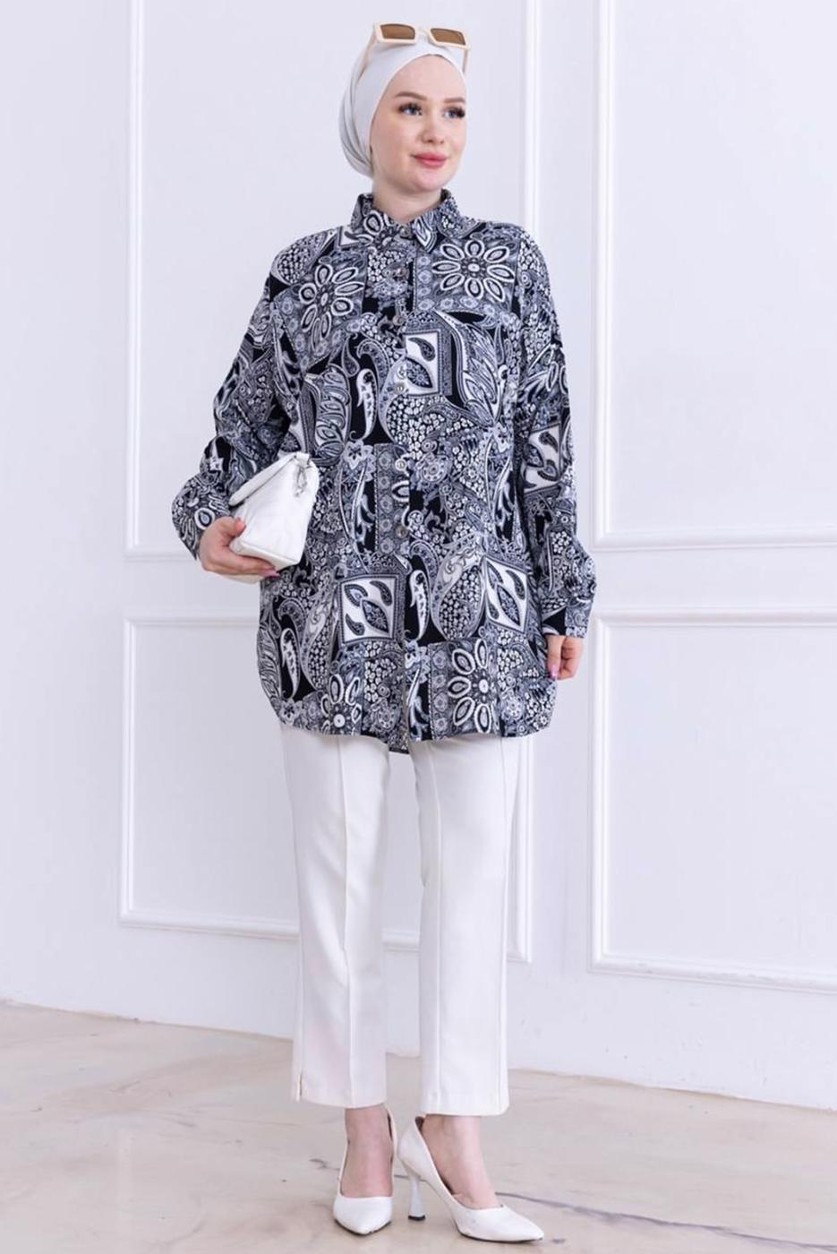 Tesettür giyim SİYAH PAMUKLU DESENLİ GÖMLEK T 4828