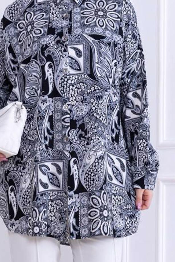 Vêtements hijab NOIR TUNIQUE CHEMISE À MOTIFS EN COTON T 4828 - TRENDTESETTÜR