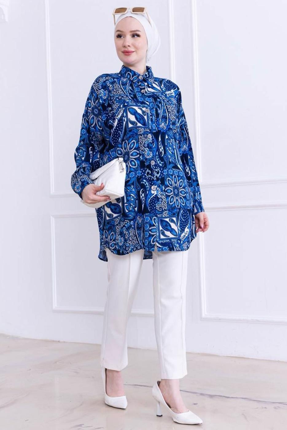 Tesettür giyim LACİVERT PAMUKLU DESENLİ GÖMLEK T 4828