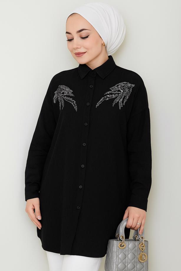 Vêtements hijab NOIR TUNIQUE À DÉTAILS DE PIERRES PRÉCIEUSES T 5069 - TRENDTESETTÜR