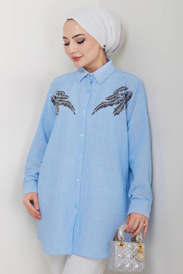 Vêtements hijab BLEU TUNIQUE À DÉTAILS DE PIERRES PRÉCIEUSES T 5069 - TRENDTESETTÜR