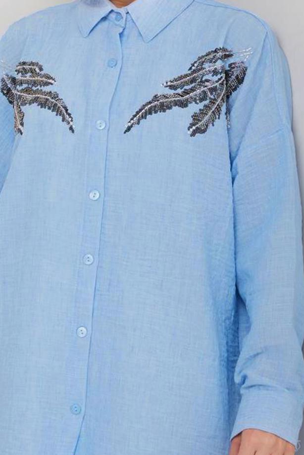 Vêtements hijab BLEU TUNIQUE À DÉTAILS DE PIERRES PRÉCIEUSES T 5069 - TRENDTESETTÜR