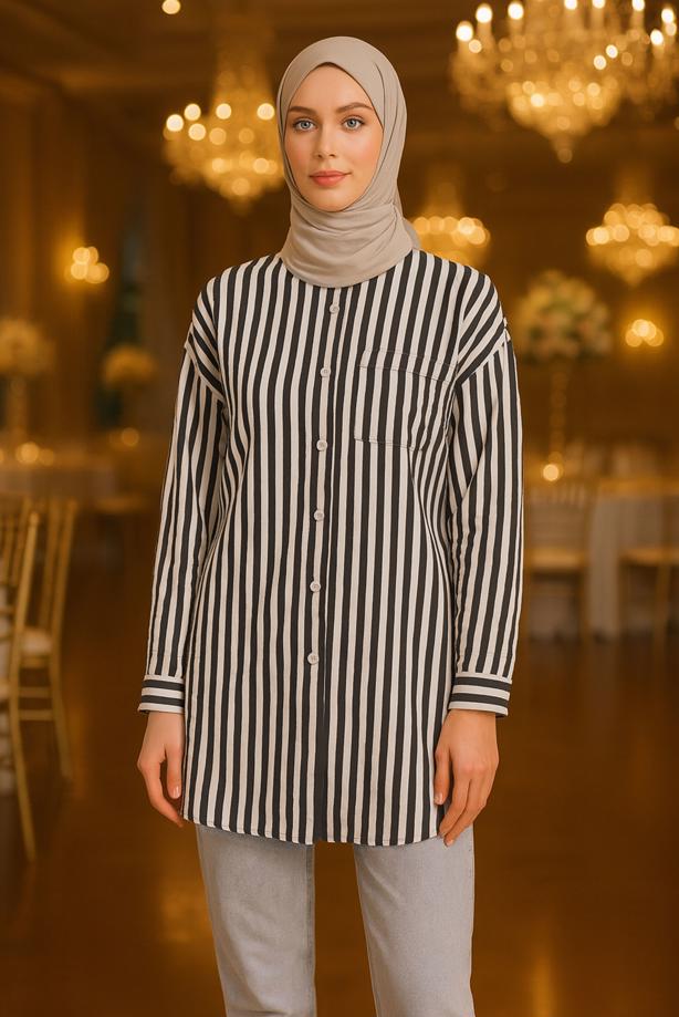 Vêtements hijab NOIR TUNIQUE CHEMISE À RAYURES AVEC CEINTURE T 5474 - TRENDTESETTÜR