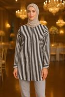 Tesettür giyim SİYAH KEMERLİ ÇİZGİLİ GÖMLEK TUNİK T 5474