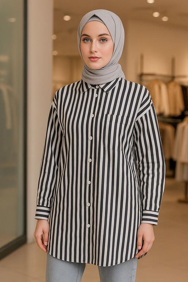 Vêtements hijab NOIR TUNIQUE CHEMISE À RAYURES AVEC CEINTURE T 5474 - TRENDTESETTÜR