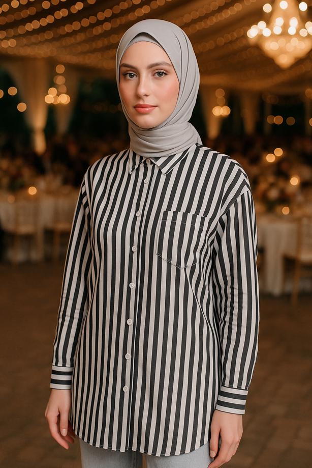 Vêtements hijab NOIR TUNIQUE CHEMISE À RAYURES AVEC CEINTURE T 5474 - TRENDTESETTÜR