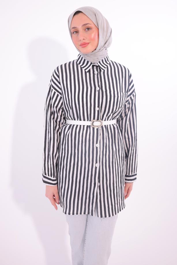 Vêtements hijab NOIR TUNIQUE CHEMISE À RAYURES AVEC CEINTURE T 5474 - TRENDTESETTÜR