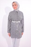 Tesettür giyim SİYAH KEMERLİ ÇİZGİLİ GÖMLEK TUNİK T 5474