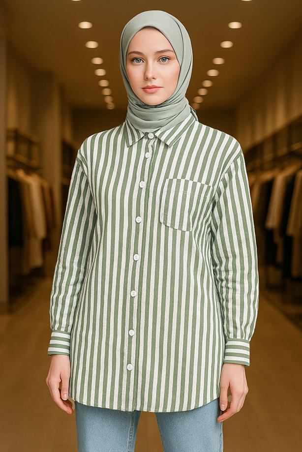 Vêtements hijab KAKI TUNIQUE CHEMISE À RAYURES AVEC CEINTURE T 5474 - TRENDTESETTÜR