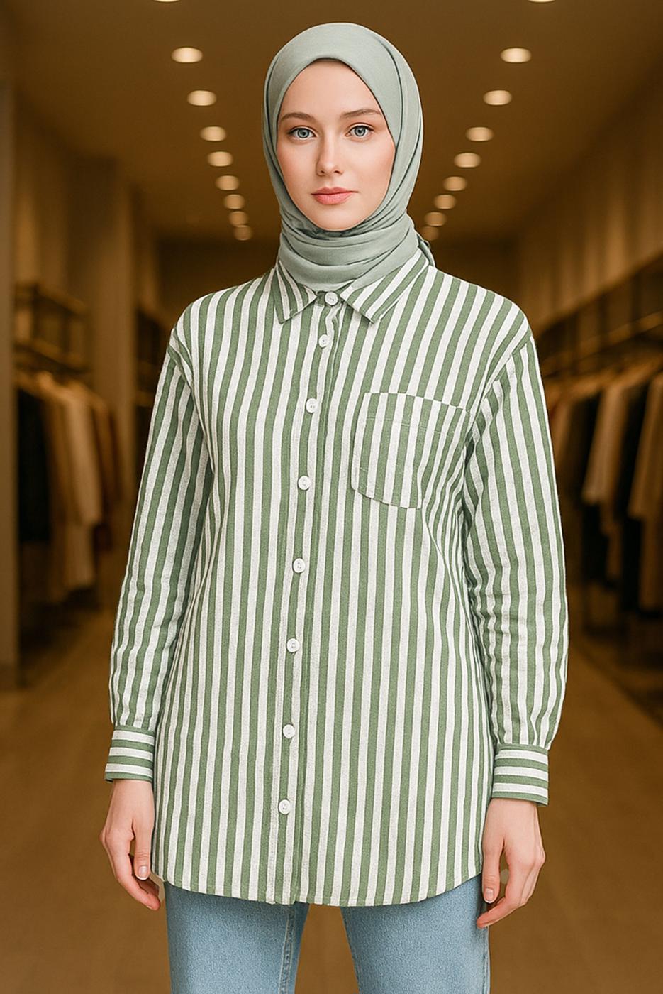 Tesettür giyim HAKİ KEMERLİ ÇİZGİLİ GÖMLEK TUNİK T 5474