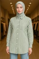 Tesettür giyim HAKİ KEMERLİ ÇİZGİLİ GÖMLEK TUNİK T 5474