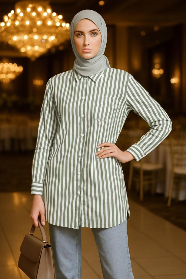 Vêtements hijab KAKI TUNIQUE CHEMISE À RAYURES AVEC CEINTURE T 5474 - TRENDTESETTÜR