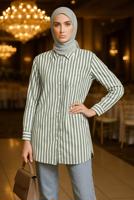 Tesettür giyim HAKİ KEMERLİ ÇİZGİLİ GÖMLEK TUNİK T 5474