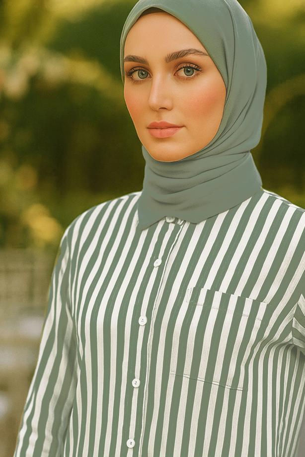 Vêtements hijab KAKI TUNIQUE CHEMISE À RAYURES AVEC CEINTURE T 5474 - TRENDTESETTÜR