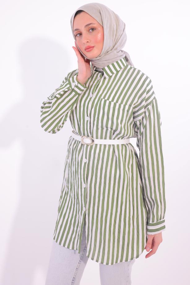Vêtements hijab KAKI TUNIQUE CHEMISE À RAYURES AVEC CEINTURE T 5474 - TRENDTESETTÜR