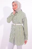 Tesettür giyim HAKİ KEMERLİ ÇİZGİLİ GÖMLEK TUNİK T 5474