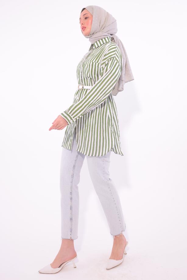 Vêtements hijab KAKI TUNIQUE CHEMISE À RAYURES AVEC CEINTURE T 5474 - TRENDTESETTÜR