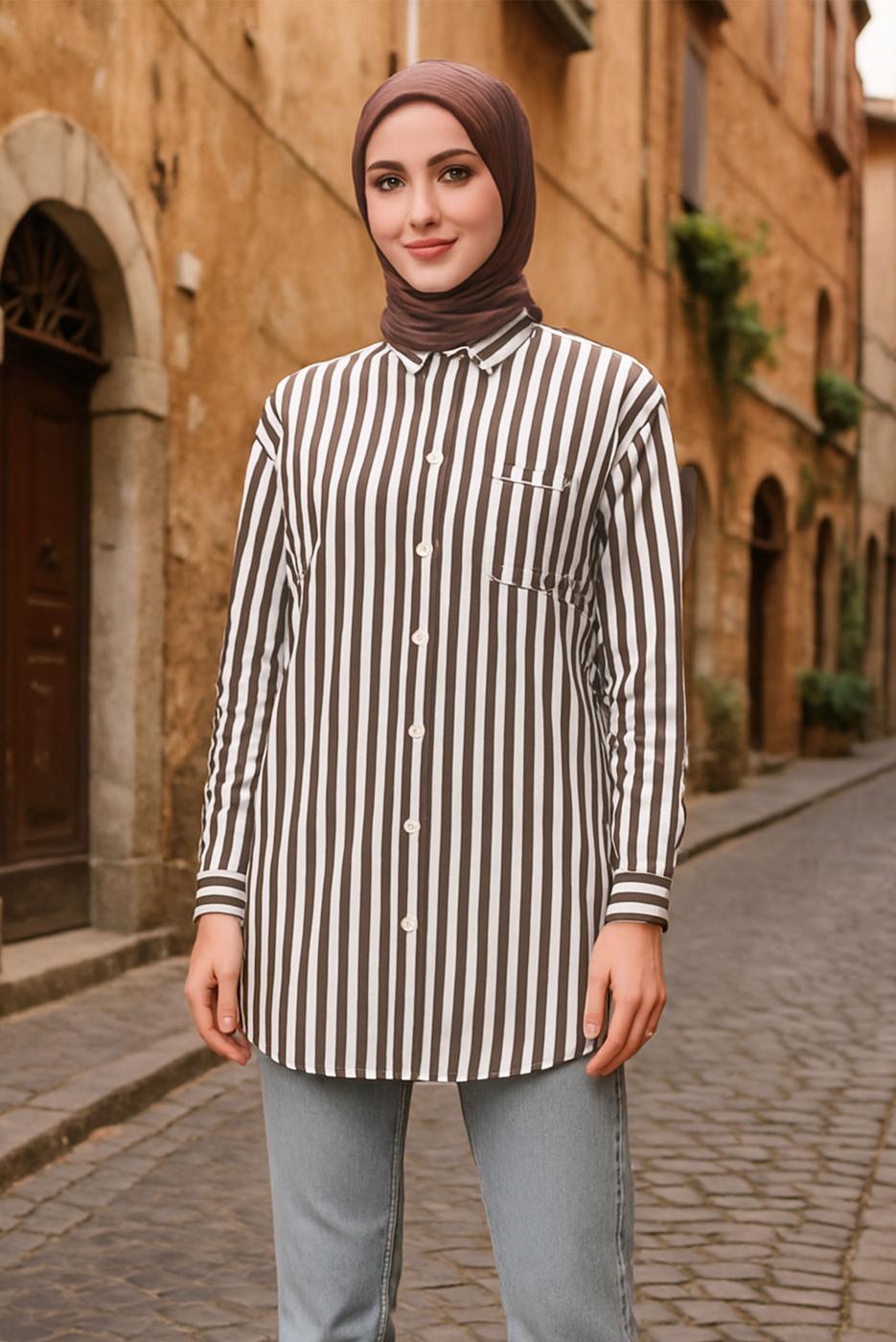 Tesettür giyim KAHVE KEMERLİ ÇİZGİLİ GÖMLEK TUNİK T 5474