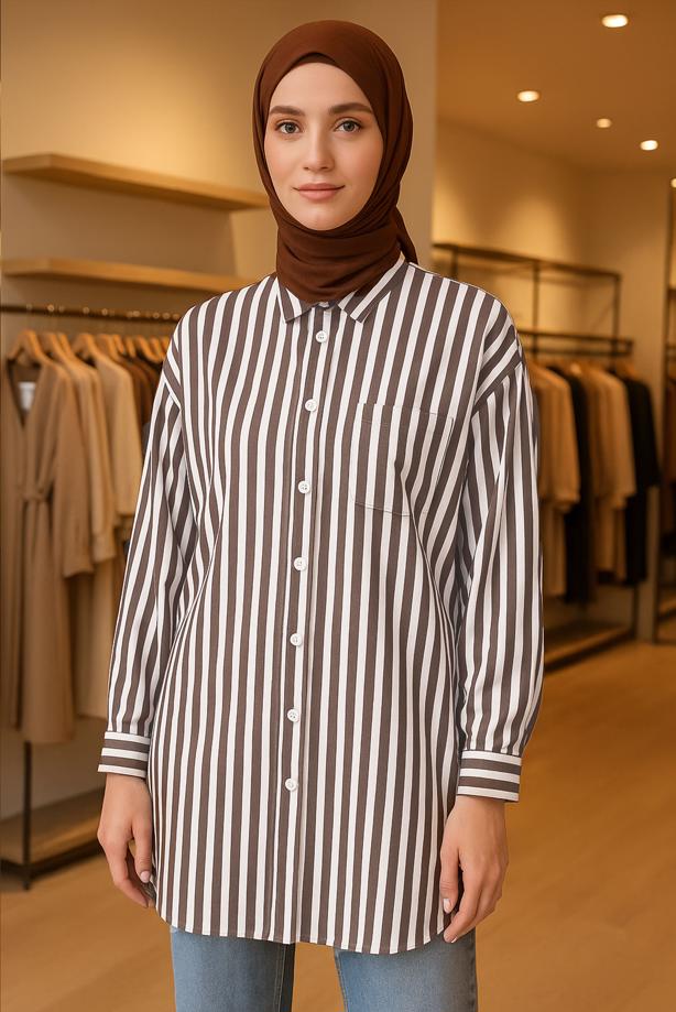 Vêtements hijab BRUN TUNIQUE CHEMISE À RAYURES AVEC CEINTURE T 5474 - TRENDTESETTÜR