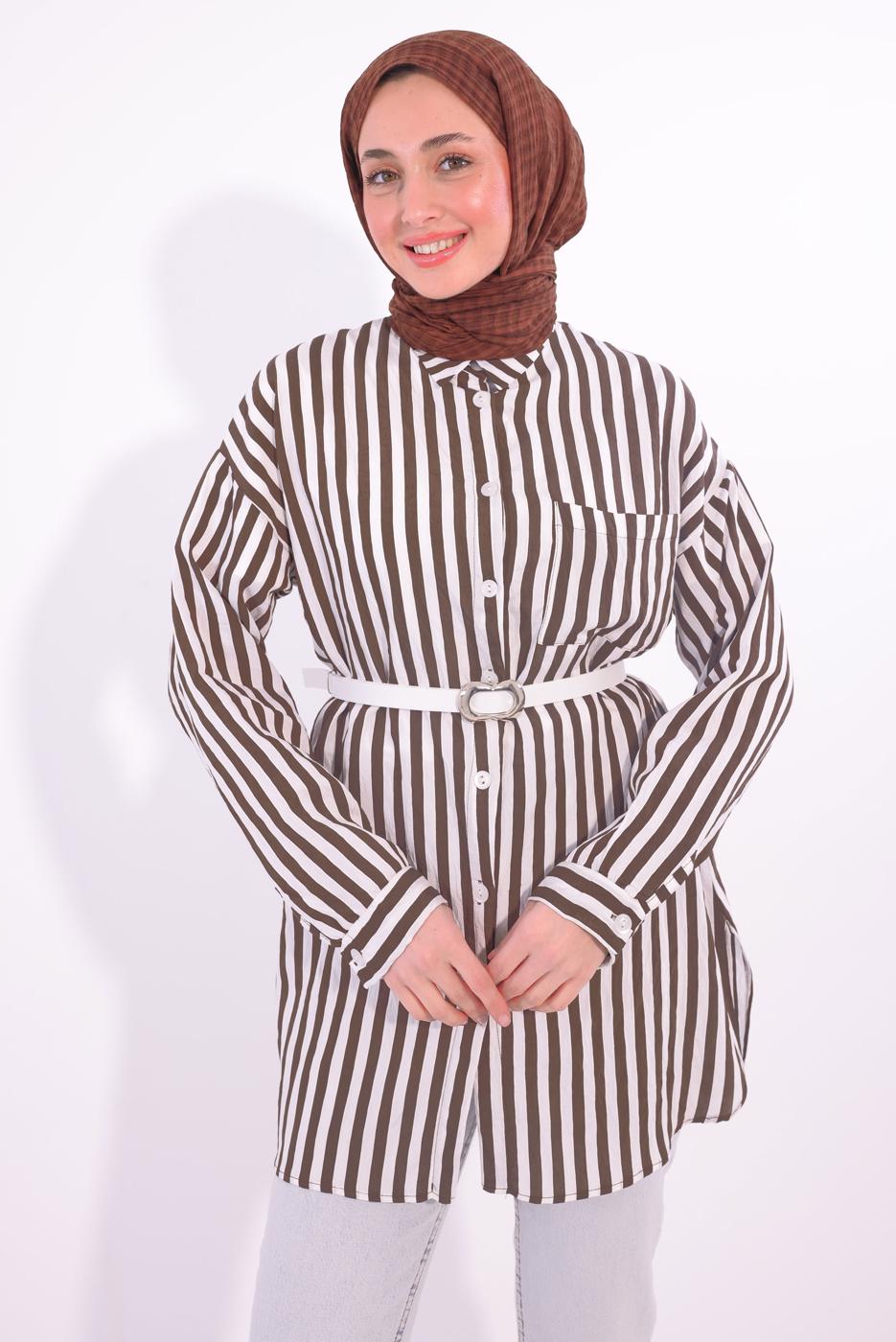 Tesettür giyim KAHVE KEMERLİ ÇİZGİLİ GÖMLEK TUNİK T 5474