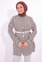 Tesettür giyim KAHVE KEMERLİ ÇİZGİLİ GÖMLEK TUNİK T 5474