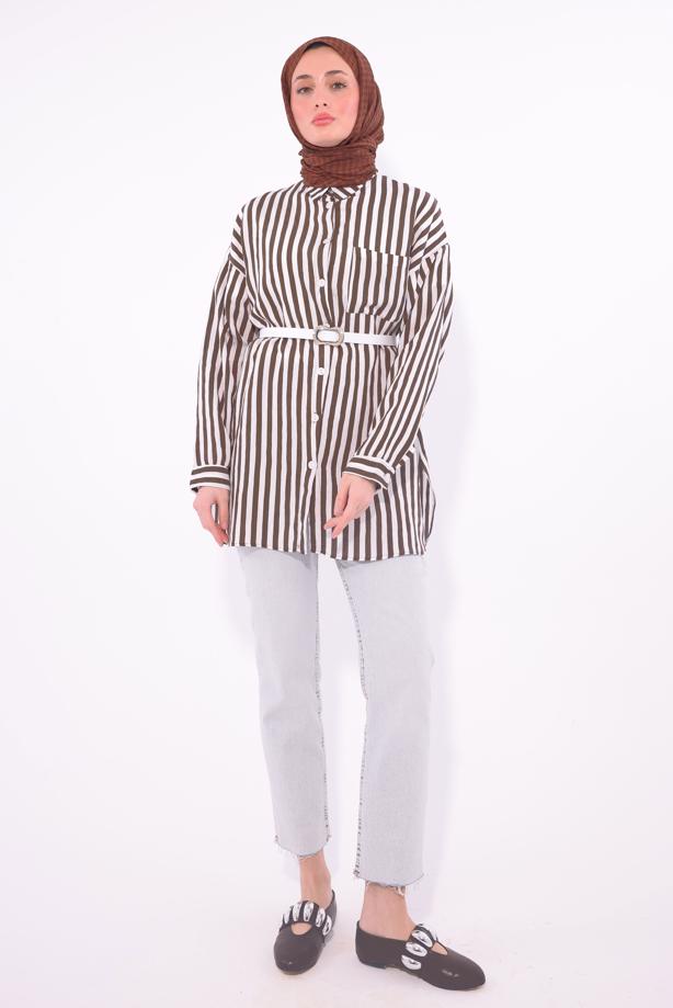 Vêtements hijab BRUN TUNIQUE CHEMISE À RAYURES AVEC CEINTURE T 5474 - TRENDTESETTÜR