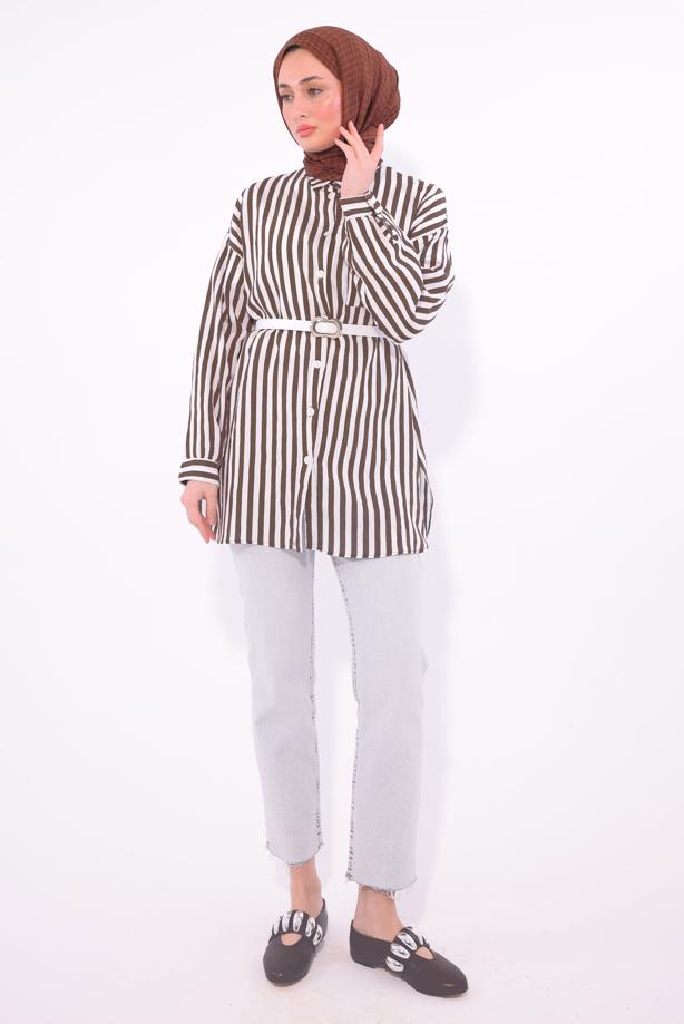 Vêtements hijab BRUN TUNIQUE CHEMISE À RAYURES AVEC CEINTURE T 5474 - TRENDTESETTÜR