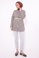 Tesettür giyim KAHVE KEMERLİ ÇİZGİLİ GÖMLEK TUNİK T 5474