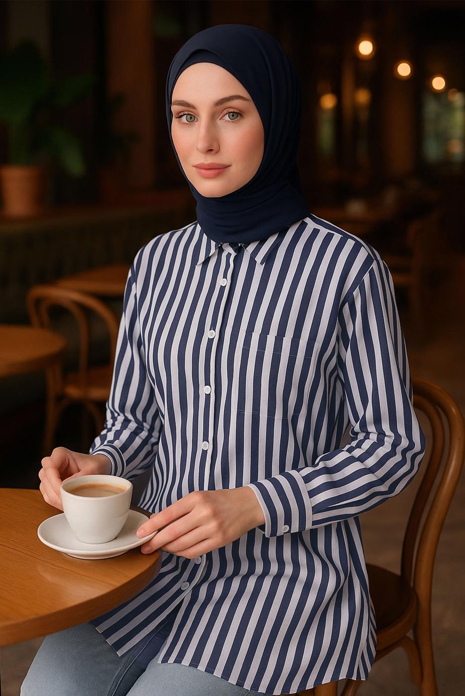 Tesettür giyim LACİVERT KEMERLİ ÇİZGİLİ GÖMLEK TUNİK T 5474