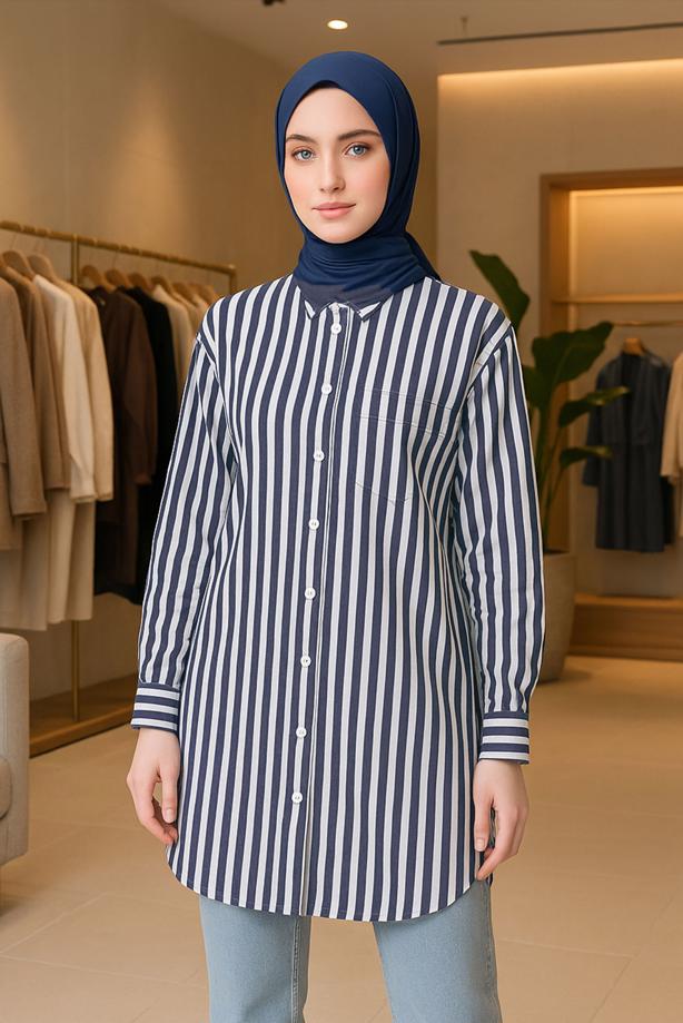 Vêtements hijab BLEU MARINE TUNIQUE CHEMISE À RAYURES AVEC CEINTURE T 5474 - TRENDTESETTÜR