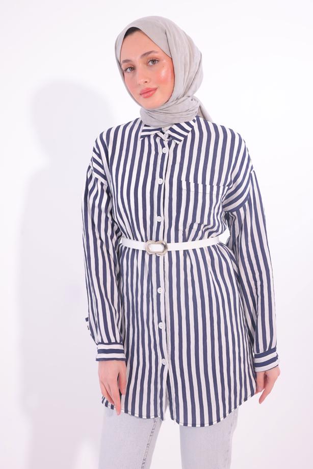 Vêtements hijab BLEU MARINE TUNIQUE CHEMISE À RAYURES AVEC CEINTURE T 5474 - TRENDTESETTÜR