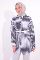 Tesettür giyim LACİVERT KEMERLİ ÇİZGİLİ GÖMLEK TUNİK T 5474