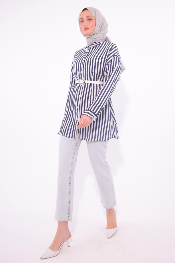 Vêtements hijab BLEU MARINE TUNIQUE CHEMISE À RAYURES AVEC CEINTURE T 5474 - TRENDTESETTÜR
