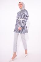 Tesettür giyim LACİVERT KEMERLİ ÇİZGİLİ GÖMLEK TUNİK T 5474