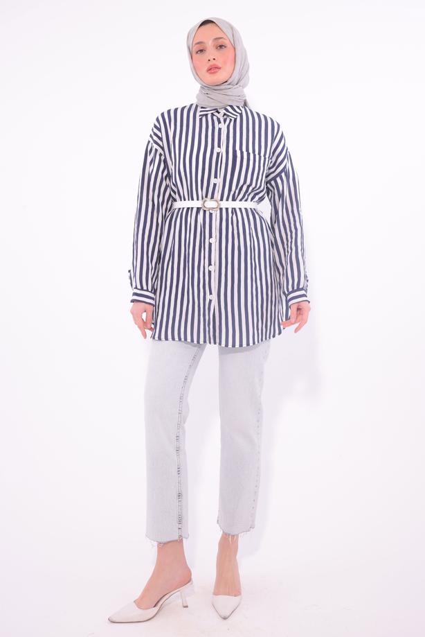 Vêtements hijab BLEU MARINE TUNIQUE CHEMISE À RAYURES AVEC CEINTURE T 5474 - TRENDTESETTÜR