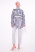 Tesettür giyim LACİVERT KEMERLİ ÇİZGİLİ GÖMLEK TUNİK T 5474