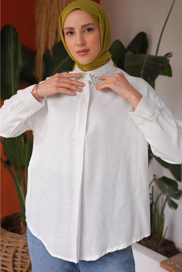 Vêtements hijab ÉCRU TUNIQUE CHEMISE EN COTON T 59516 - TRENDTESETTÜR