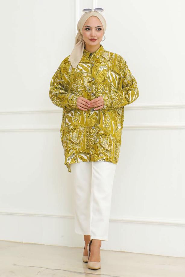 Vêtements hijab VERT TUNIQUE CHEMISE À MOTIFS T 6218 - TRENDTESETTÜR