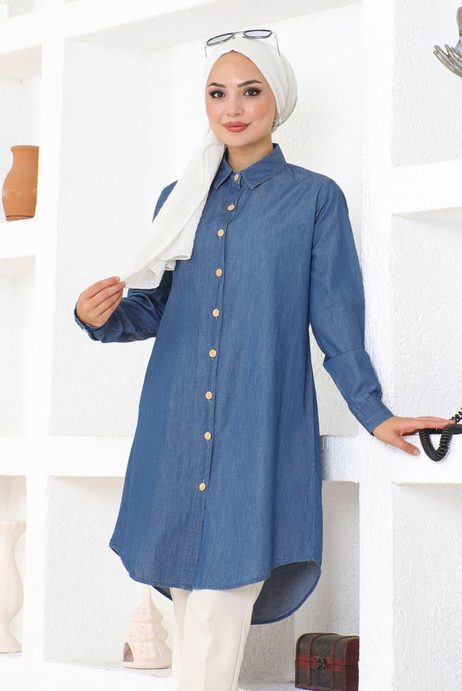 Tesettür giyim MAVİ DENİM GÖMLEK TUNİK T 6539