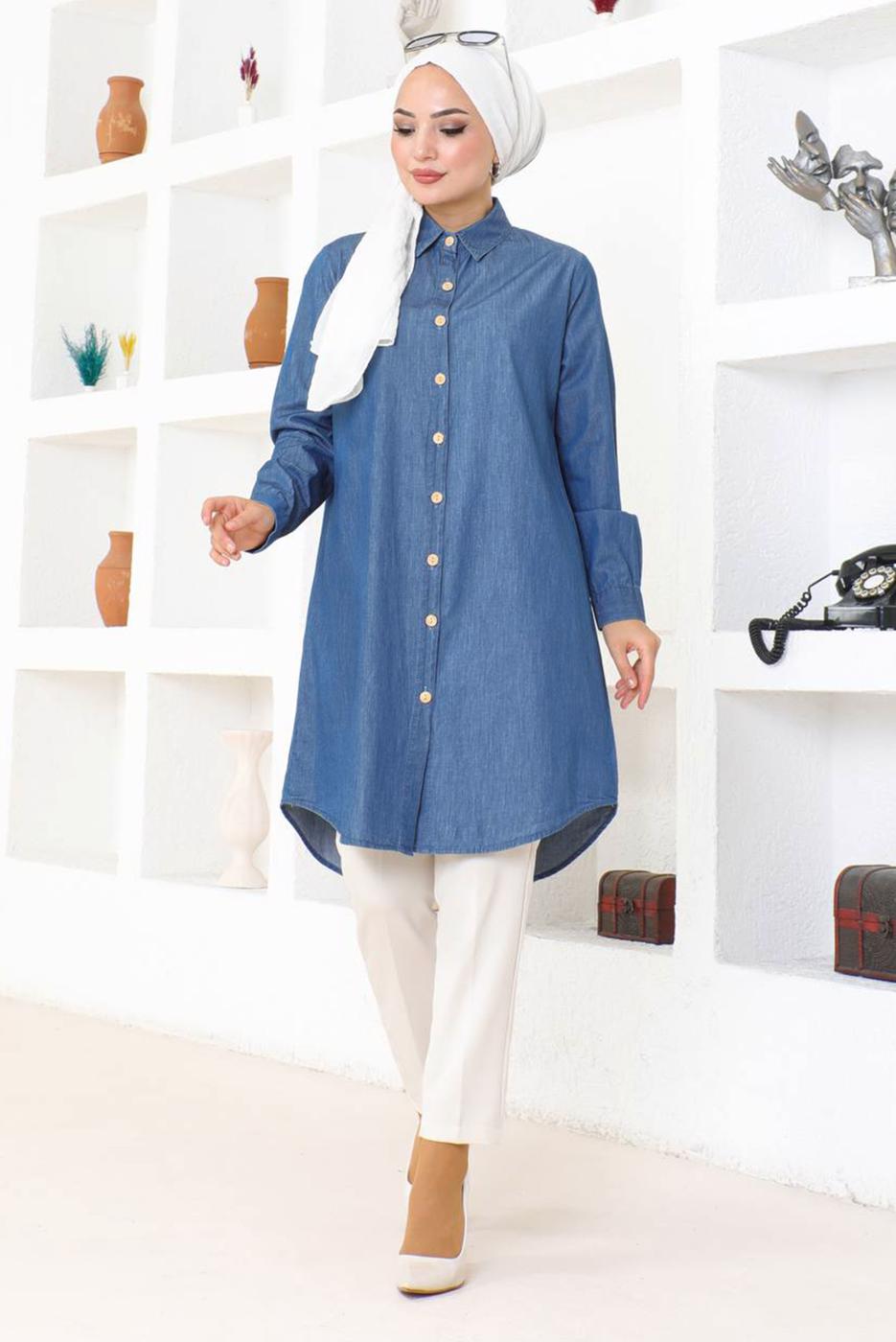 Tesettür giyim MAVİ DENİM GÖMLEK TUNİK T 6539