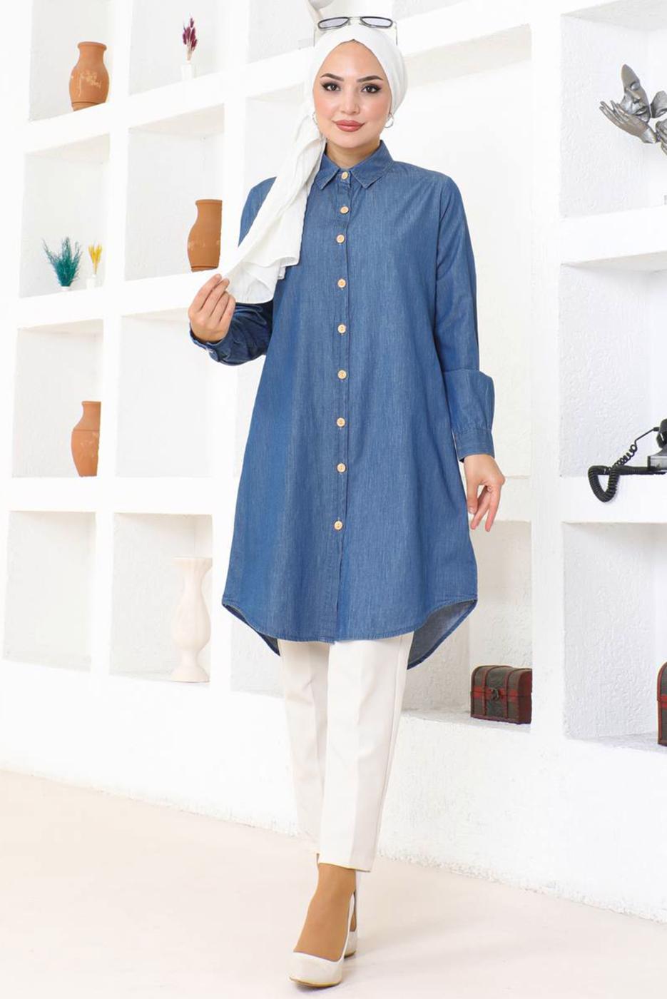 Tesettür giyim MAVİ DENİM GÖMLEK TUNİK T 6539