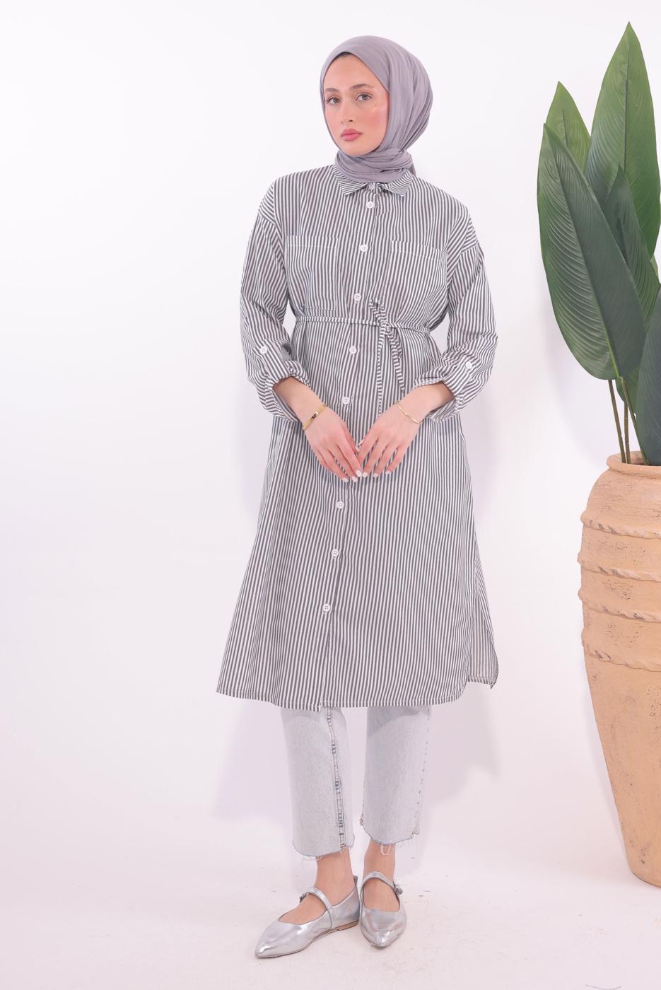 Tesettür giyim SİYAH ÇİZGİLİ UZUN TUNİK T 7174