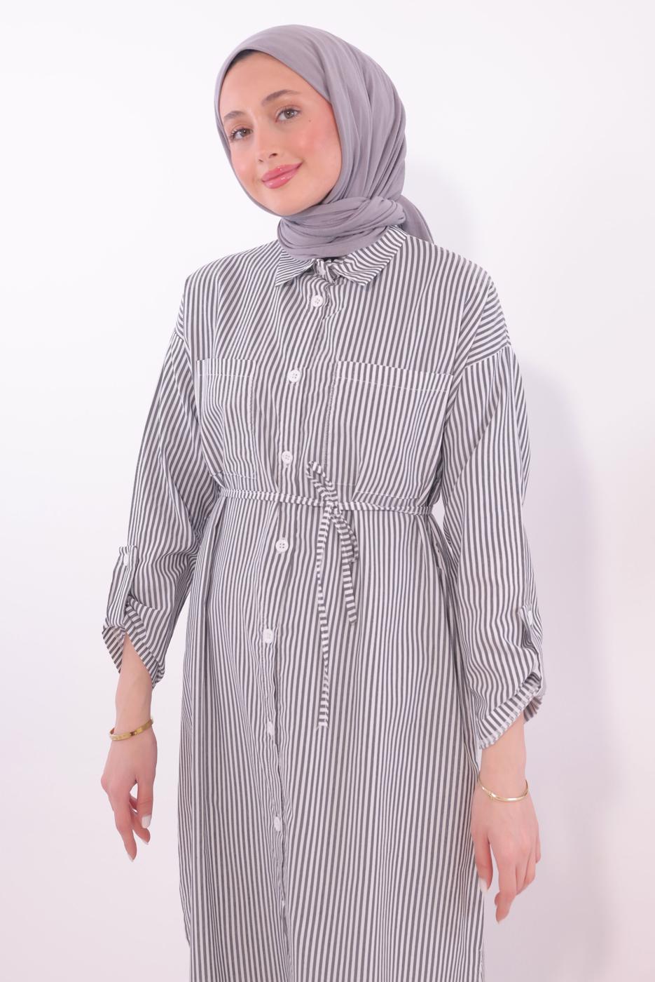 Tesettür giyim SİYAH ÇİZGİLİ UZUN TUNİK T 7174