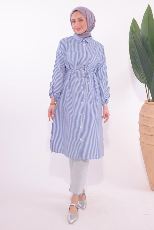 Vêtements hijab BLEU TUNIQUE LONGUE À RAYURES T 7174 - TRENDTESETTÜR
