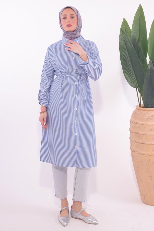 Vêtements hijab BLEU TUNIQUE LONGUE À RAYURES T 7174 - TRENDTESETTÜR