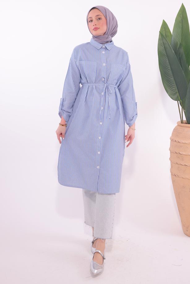 Vêtements hijab BLEU TUNIQUE LONGUE À RAYURES T 7174 - TRENDTESETTÜR